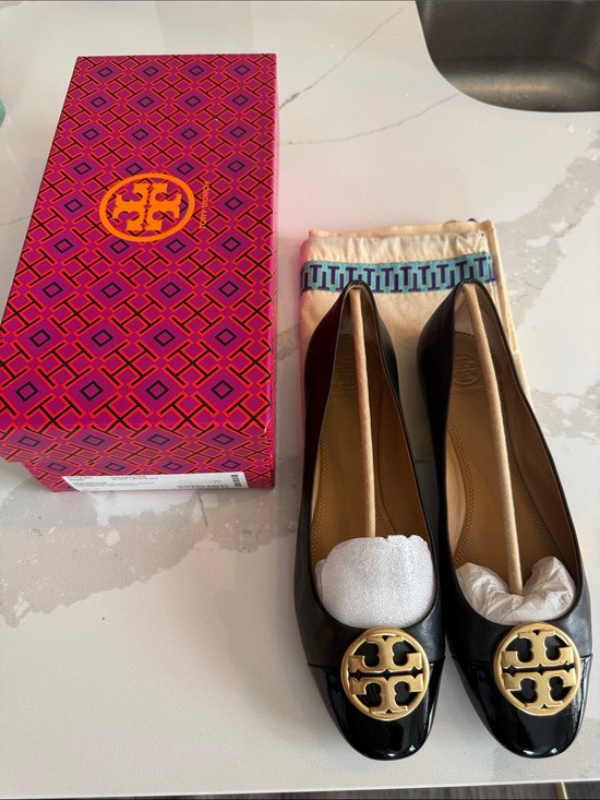 Tory Burch Shoes - Tory Burch Black Patent Leather Flats with Gold Logo Medallions